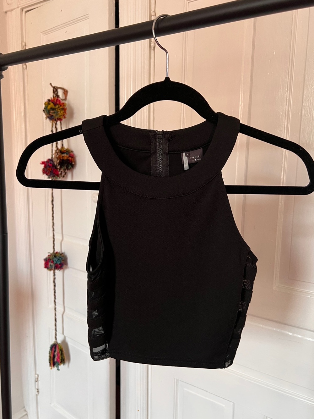 Black Sleeveless Crop Tank with Mesh Panels